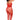 Woman wearing a red fishnet bodystocking against a white background