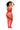 Woman wearing a red fishnet bodystocking against a white background