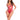 Woman wearing a red and white patterned swimsuit on a white background