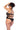 Plus Size model wearing Black Floral Lace Bodysuit with Leather Effect Details