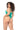 Woman wearing a green bodysuit on a white background