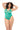 Model wearing a teal lace bodysuit on a white background