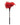 Red feather tickler with a long black handle on a white background.