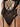 Black sheer mesh and lace bodysuit with crisscross strappy back detail, gold crown-shaped garter hardware, and garter straps, shown on a model.