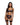 Model wearing black lace lingerie with blue accents on a white background