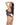 Woman wearing a black and gold patterned swimsuit on a white background