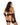 Back view of a plus size model wearing Black flocked bunny chaps with a plunge neckline and Playboy logo elastic.