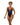 Woman wearing a black satin bodysuit on a white background