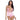 Model wearing a pink lace lingerie set on a white background