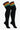 A pair of black ribbed knee-high socks with three horizontal stripes near the top cuff in orange, yellow, and teal, shown on a plain white background.