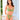 Woman wearing a green lingerie set with floral details against a light blue wall.