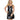 Woman wearing a black leather apron with studded details on a white background