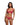 Woman wearing a coral lace lingerie set on a white background
