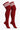 A pair of ribbed red knee-high athletic socks with three white stripes at the top cuff, shown on a light gray background.