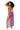 Woman wearing a gold bikini top and purple sheer skirt on a white background
