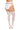 White lace thong and sheer stockings worn with white high heels on a white background