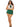 Woman wearing a green plaid skirt and white top with a tie, holding a yellow measuring tape on a white background.