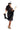 Person wearing a black 1920s flapper dress with feather headband and accessories on a white background