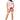 Woman wearing a white and red bodysuit with sheer stockings on a white background