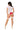 Woman wearing a white and red bodysuit with sheer stockings on a white background