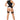 Woman wearing a black and white outfit with stockings on a white background