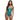 Model wearing a teal lace lingerie set on a white background