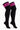 A pair of black ribbed knee-high athletic socks with three bright pink stripes at the top cuff, shown on a white background.