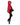 Woman wearing a red hooded cloak and black thigh-high boots on a white background