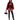 A woman modeling a sexy red and black hooded lingerie costume with a red cape, red corset-style bodysuit, black fishnet sleeves, black thigh-high stockings, and shiny black over-the-knee boots, holding a small black basket with a red lining against a plain white background.