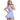 Woman wearing a light blue dress with a pink top on a white background