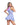 Woman wearing a light blue dress with a pink top on a white background