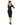 Woman wearing a black flight attendant costume with a hat on a white background
