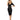 Woman wearing a black flight attendant costume with a hat on a white background