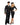 Two people wearing black flight attendant costumes on a white background