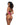 Model wearing a pink and black lace lingerie set on a white background