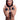 Woman wearing a black leather harness and cuffs on a white background