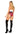 Woman wearing a red plaid outfit with black knee-high boots on a white background