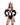 Woman wearing a black and white costume with a red bow and cat ears on a white background