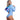Woman wearing a blue bodysuit with colorful accents on a white background