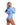 Woman wearing a blue bodysuit with colorful accents on a white background