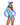 Person wearing a blue character costume with bunny ears on a white background