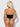 Woman wearing a black strapless outfit against a white background