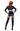 Back view of woman wearing a black bodysuit with reflective elements and a red helmet on a white background