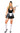 A model wearing a black and white maid costume with a duster, apron, and headpiece.