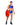 A man wearing a Captain America-themed costume with a cropped blue tank top, red shield, and black boots. The costume includes a harness and vinyl shorts.