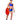 A man wearing a Captain America-themed costume with a cropped blue tank top, red shield, and black boots. The costume includes a harness and vinyl shorts.