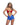 Woman wearing a Wonder Woman costume with a red top and blue shorts with white stars on a white background