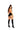 Woman in a black latex outfit with fishnet stockings and high-heeled boots on a white background
