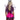 Woman wearing a pink and black costume with butterfly wings on a white background
