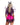 Woman wearing a pink and black costume with butterfly wings on a white background